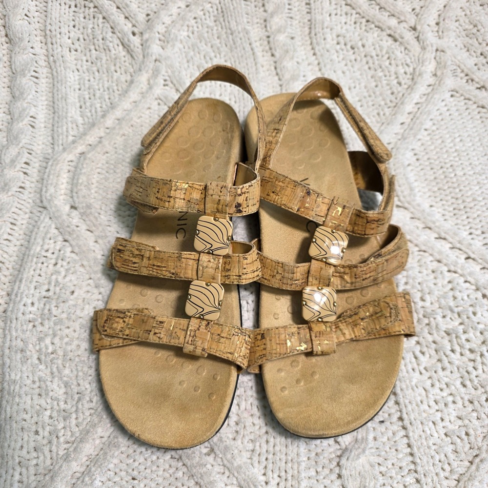 Vionic Amber Sandals Tan‎ Cork Adjustable Straps Orthaheel Womens 9 Excellent